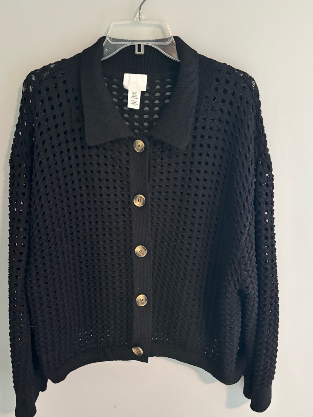 H&M Knitted Mesh Polo Button Front Cardigan in Black